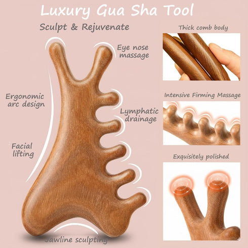 isork 4-in-1,Natural Gua Sha Facial Tool Sandalwood Lymphatic Drainage Massager Tool,Relaxation of the Neck & Jaw