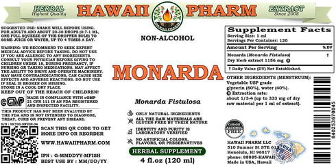 Hawaii Pharm Monarda Alcohol-FREE Liquid Extract, Monarda (Monarda Fistulosa) Dried Herb Glycerite Natural Herbal Supplement, USA 2 oz