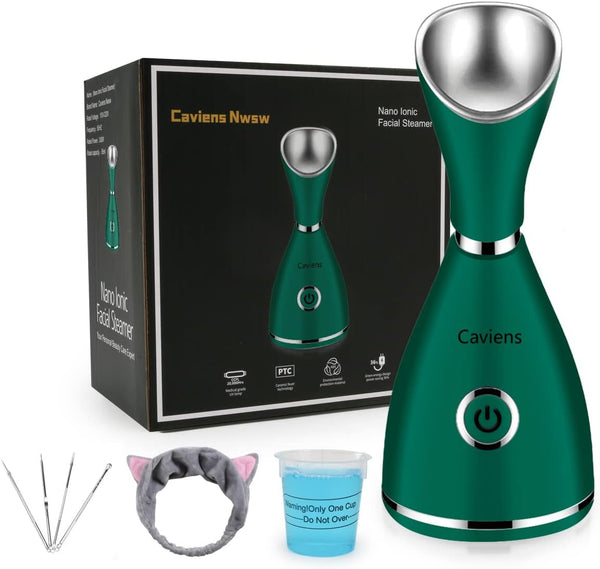 Nano Ionic Facial Steamer with Warm Mist - Moisturizing Face Steamer and 4 Piece Skin Kit for Home SPA (Green)