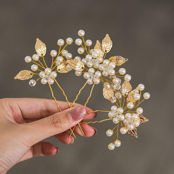 Heread Pearl Bride Wedding Hair Pins | Leaf Bridal Head Piece Flower Hair Accessories for Women (Pack of 3)