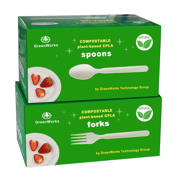 200 Count Heavy-Duty Compostable Cutlery Set, 100 Forks and 100 Spoons, BPI Certified, Large Disposable Alternative