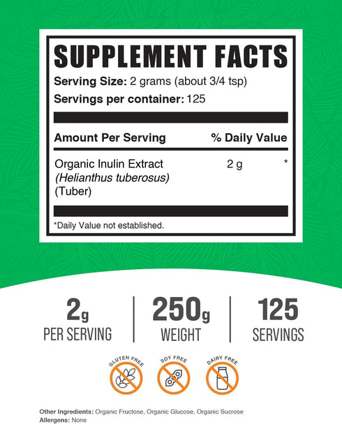 BulkSupplements.com Organic Inulin Extract Powder - Fiber Supplement, Sourced from Organic Agave Inulin Powder - Inulin Powder Organic, Gluten Free - 2g per Serving, 250g (8.8 oz) (Pack of 1)