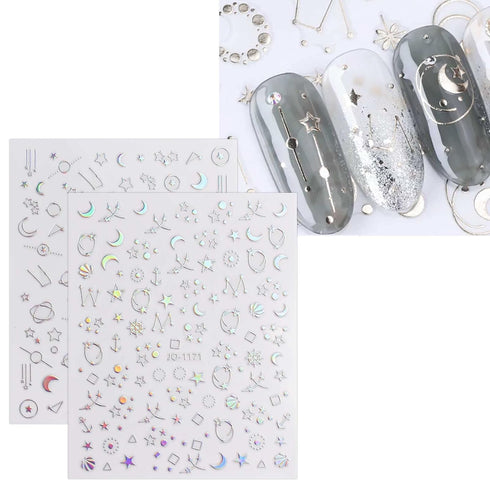 JMEOWIO 12 Sheets Aurora Nail Art Stickers Decals Self-Adhesive Glitter Holographic Star Heart Nail Design Accessories