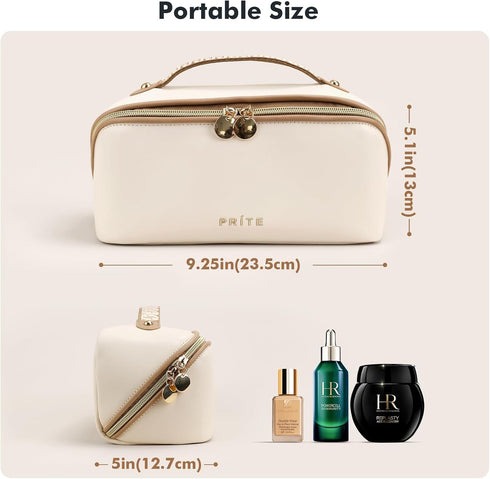 Large Capacity Waterproof PU Leather Cosmetic Bag for Women, Open Flat Makeup Organizer with Clear Divider and Handle