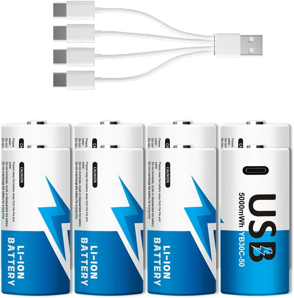 YUEBVIWIE 8-Pack Rechargeable Lithium C Batteries with 4 in 1 USB-C Charge Cable,