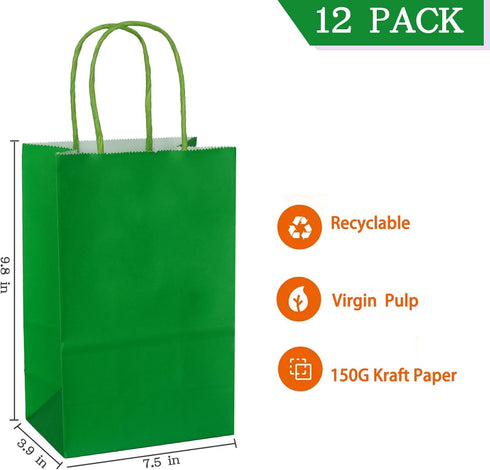 AZOWA Gift Bags Medium Kraft Paper Bags with Handles, 7.5 x 3.9 x 9.8 in, Green, 12 Pcs