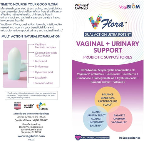 VagiBiom Dual Action Formula. Vaginal and Urinary Support to Balance Intimate Flora. Lactoferrin + Mannose +