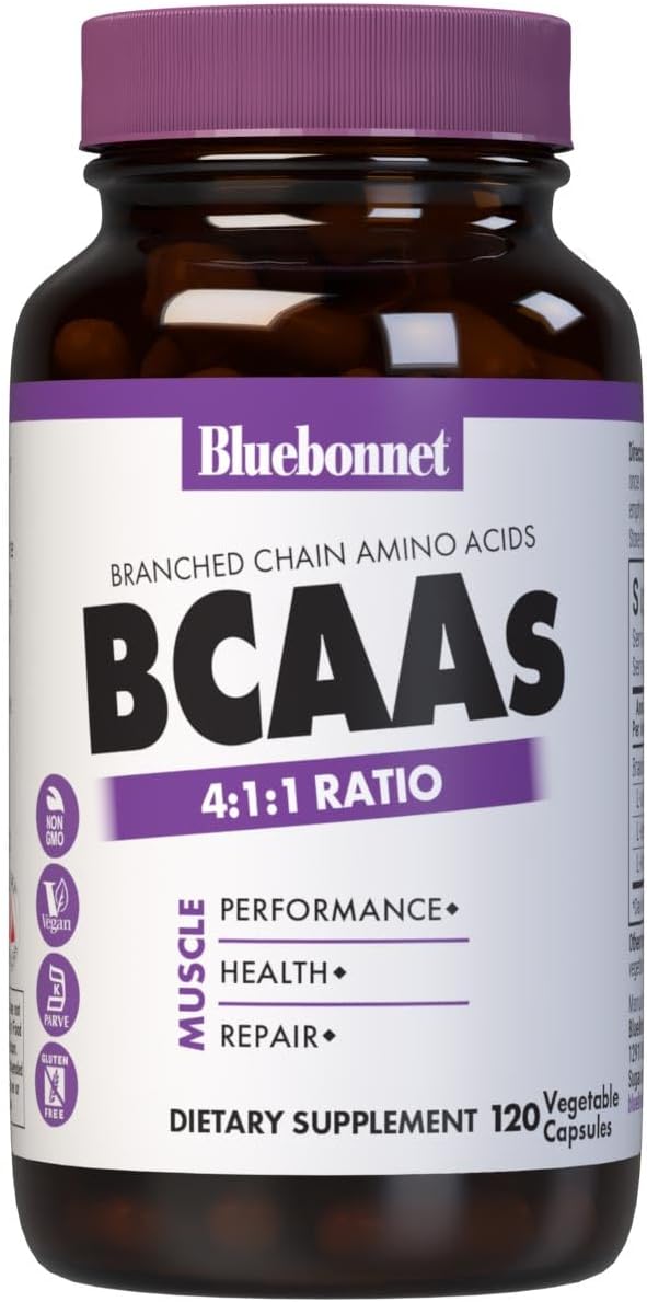 Bluebonnet Nutrition BCAAs 4:1:1 Ratio, 120 Vegetable Capsules, Non-GMO, Vegan, Kosher Certified
