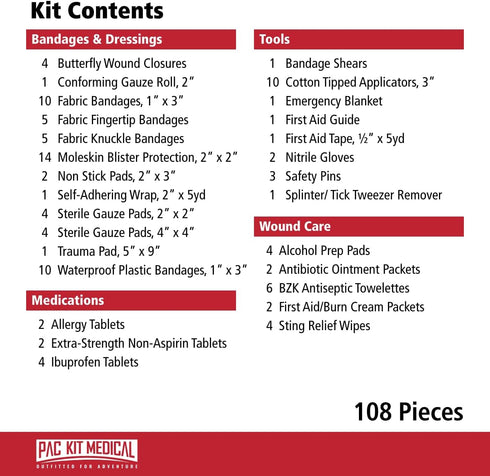Trailblazer 3 108 Pac-Kit Outdoor First Aid Kit for Hiking, Camping and Outdoor Travel, Pieces