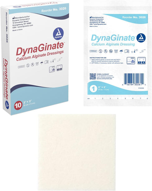 Dynarex DynaGinate Calcium Alginate Wound Dressing, Sterile, Non-Stick, 2"x 2", Box of 10, Absorbent Gel Patches