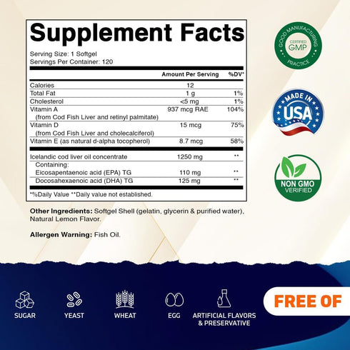 Vitamatic Icelandic Cod Liver Oil Capsules 1250mg 120 Softgels (Lemon Flavor) - Promotes Cardiovascular Health