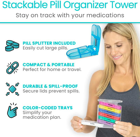 Vive Stackable Pill Organizer Tower with Pill Cutter for Vitamins, 7 Days 4 Times a Day