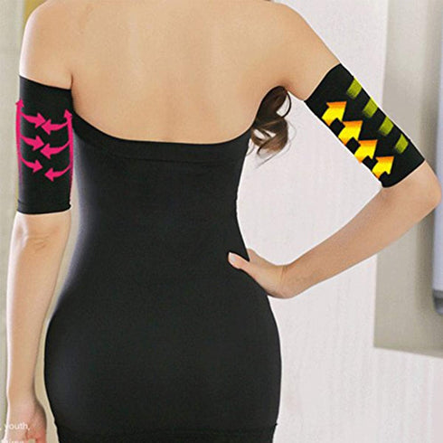 2-in-1 Women's Elastic Compression Arm Sleeves, Slimming Shapers for Weight Loss & Sport Fitness, Black + Nude