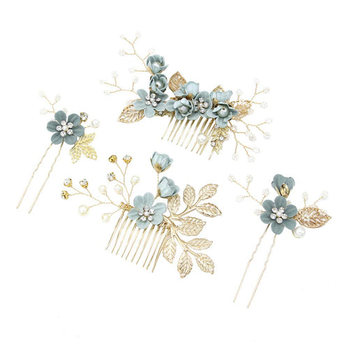 NUOBESTY 4Pcs Handmade Wedding Hair Clip Comb, Pearl Floral Leaf Hair Accessories for Women (Green)