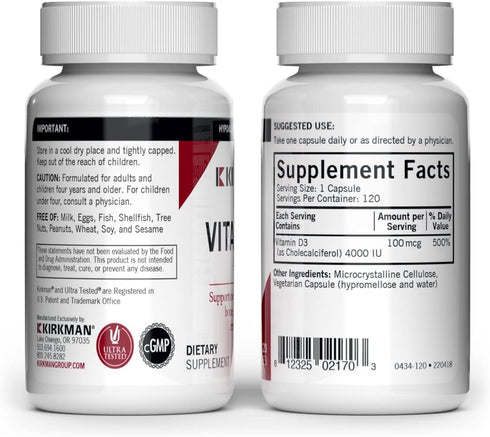 Kirkman Vitamin D3 4000 IU - 120 Capsules - Hypoallergenic - Supports Immune Health