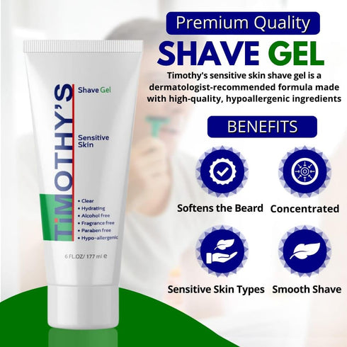 Timothy's Unscented Shave Gel 3 oz, Alcohol Free, Paraben Free, Sensitive Skin, Dermatology Tested
