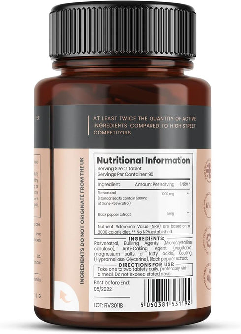 1000mg Resveratrol - 90 Tablets (3 Months Supply) with Black Pepper Extract for Faster Absorption