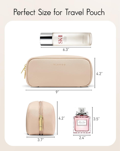 Vlando Small Makeup Pouch, Milk Tea PU Leather Travel Bag with Wide-open Design for Makeup Brushes