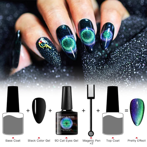MEET ACROSS 9D Cat Eye Gel Nail Polish Set - 6 Colors Soak Off UV LED Light Magnetic Gel Kit with Free Magnet Stick