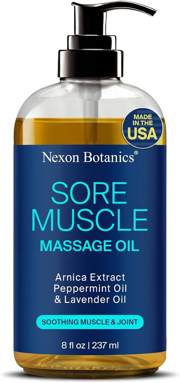 Sore Muscle Massage Oil 8 fl oz - Body Massage Oil with Peppermint, Lavender, Arnica for Pain Relief and Relaxation