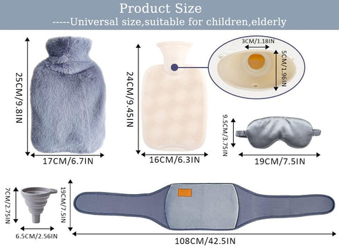 3 in 1 Hot Water Bottle Pouch with Waist Cover, Eye Mask + Funnel for Pain Relief - Warm Water Bag