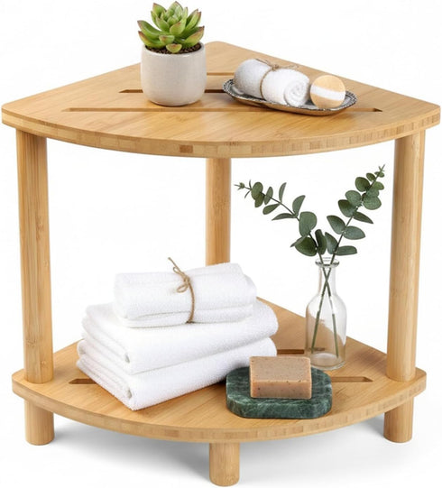 LZDGCC 2-Tier Bamboo Corner Shower Stool, Non-Slip Adjustable Shower Feet Stool for Shaving