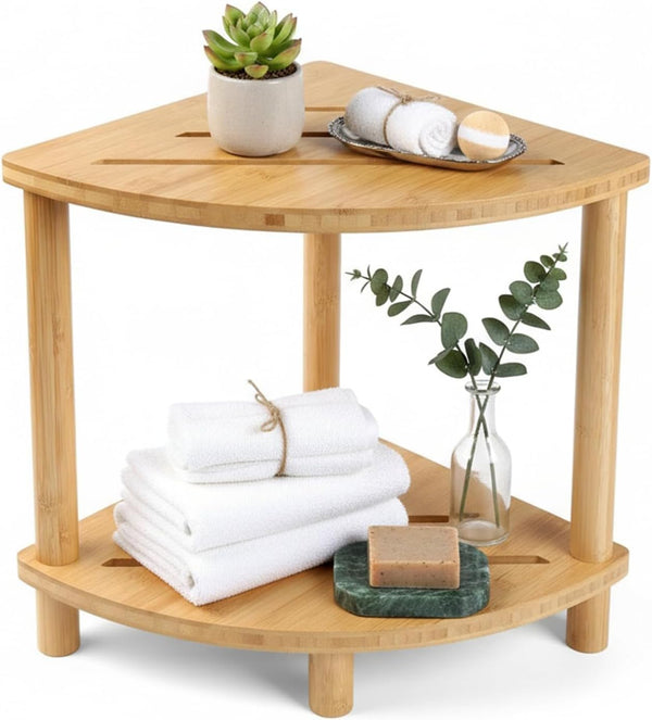 LZDGCC 2-Tier Bamboo Corner Shower Stool, Non-Slip Adjustable Shower Feet Stool for Shaving