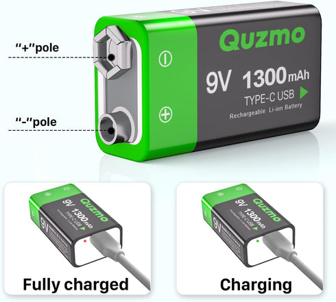 2-Pack Rechargeable 9 Volt Lithium-ion Batteries 1300mAh Long Lasting Power, USB-C Recharge with 2 in 1 Charging Cable