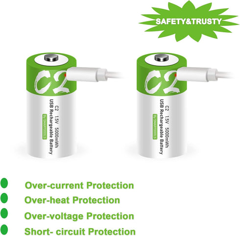 C Size Rechargeable Batteries - 2 Pack 5000mWh Lithium ion 1.5V with USB A to Type C Charger