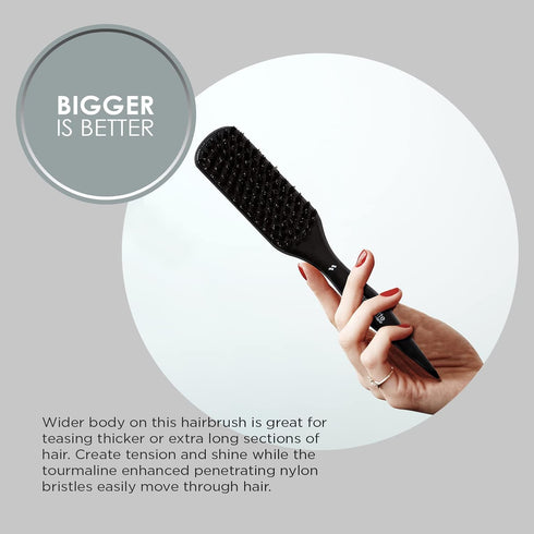 Spornette Boar Bristle Hair Brush for Women - Big Wonder Teasing Brush with Boar & Tourmaline Nylon Bristles, Black