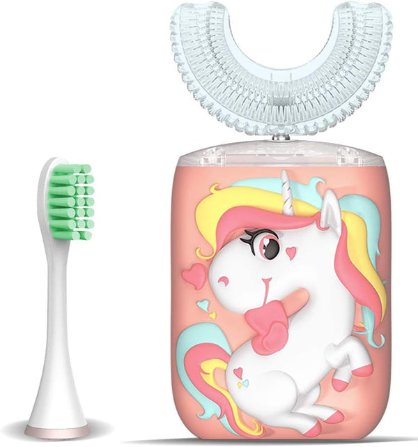 Kids Electric Toothbrush - U Shaped Ultrasonic Automatic Toothbrush with 2 Brush Heads, 6 Cleaning Modes, Cartoon