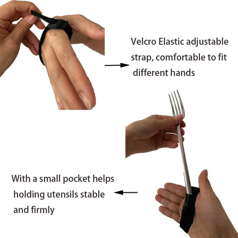 Adaptive Aid Elastic Utensil Cuff Holder Strap, 2 Pieces Adjustable Eating Assistance for Kids and Elderly (Black)