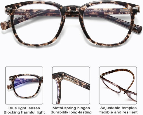 EYECEDAR 4-Pack Reading Glasses - Square Style Blue Light Readers for Women, Metal Spring Hinges, 2.00