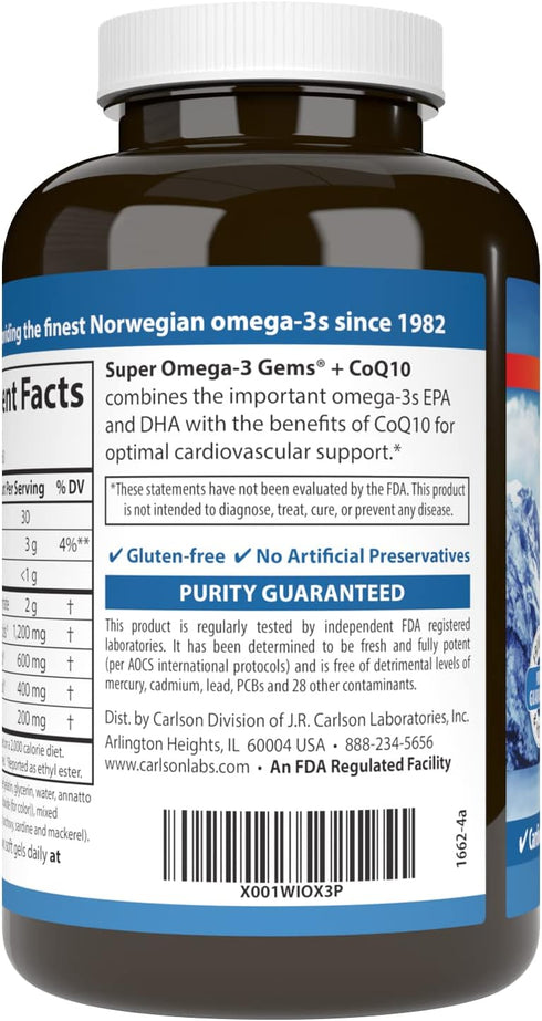 Carlson Super Omega-3 Gems + CoQ10 - 120 Softgels - 1200 mg Omega-3s, 200 mg CoQ10 - Circulation Function & Energy