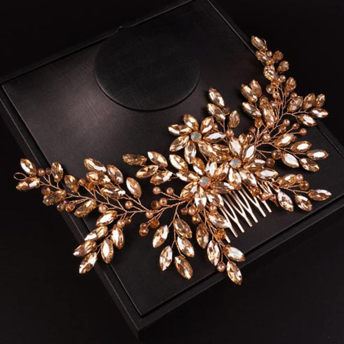 Women’s Dainty Large Champagne Flower Crystal Pearls Hair Comb Headband, Luxurious Bridal Hair Accessories