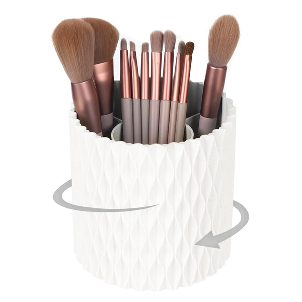 Makeup Brush Holder Organizer, 360° Rotating Multi-Functional Pen Holder for Desk, Storage Cup for Beauty Tools - White