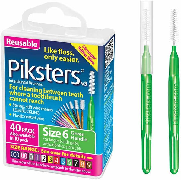 Piksters Interdental Brushes, Size 6, 40 pk, Gum Soft Bristles for Larger Gaps, Safe for Braces, Plaque Removal
