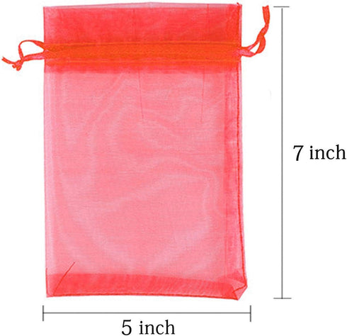 100 Pc 5x7 inch Red Gift Wrap Bags, Organza Sheer Fabric Drawstring Treat Bags for Baby Shower, House Party Favors