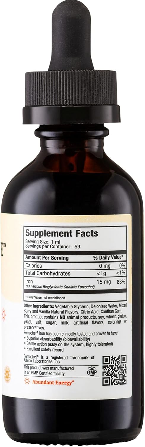 Liquid Iron Supplement 15 mg Per ML for Women, Men, and Kids, Berry Flavored, High Potency for Energy and Blood Levels