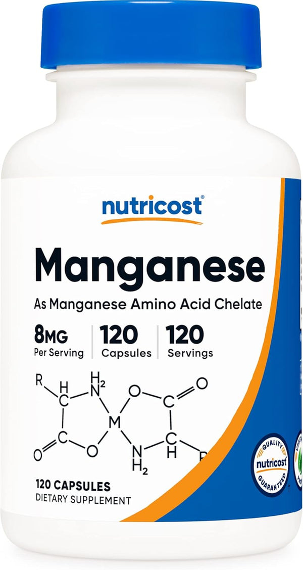 Nutricost Chelated Manganese Supplement 8mg - 120 Capsules, Amino Acid Chelate, Gluten Free, Non-GMO, Vegetarian