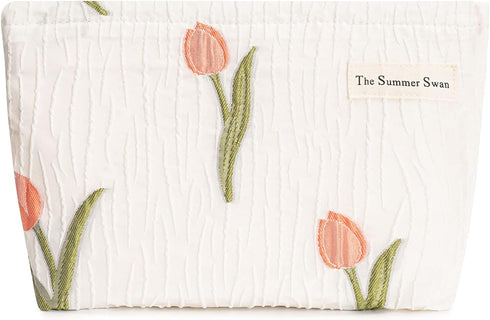 Large Aesthetic Makeup Bag - Floral Mid-day Clutch, Period Kit, Hygiene, and Skincare Bag (Tulip)