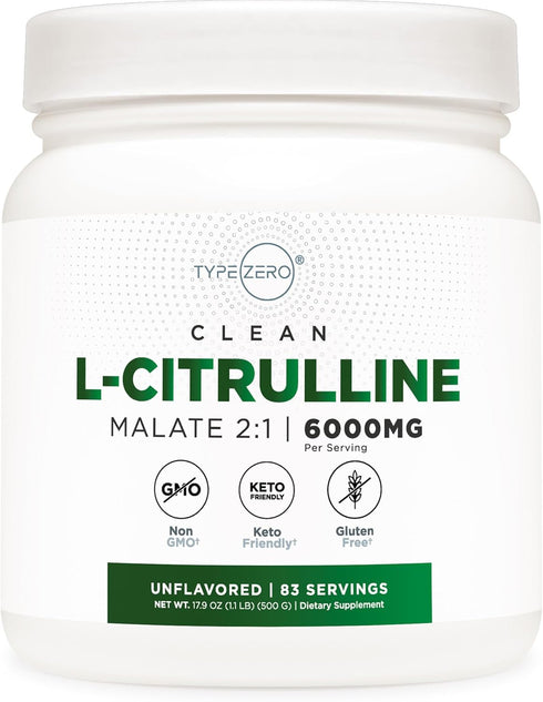 Type Zero Clean L-Citrulline Malate 2:1 Powder Drink Mix - 500g Unflavored (83 Servings) - Keto Friendly