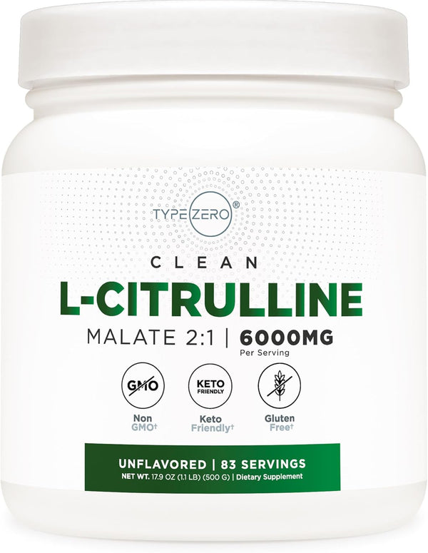 Type Zero Clean L-Citrulline Malate 2:1 Powder Drink Mix - 500g Unflavored (83 Servings) - Keto Friendly