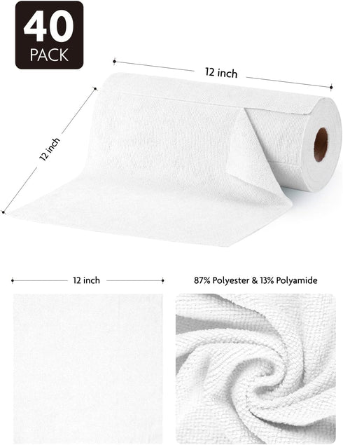 Microfiber Cloths in a Roll, Reusable Washable Tear Away Cleaning Rags, 12" x 12", 40 Pack (White) for Auto and Home