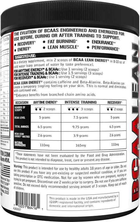 EVL BCAA Lean Energy Powder - Pre Workout Green Tea Fat Burner with BCAAs, Amino Acids, Clean Energizers - Fruit Punch