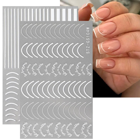 Line Nail Art Stickers, 3D Curved Lines Decals, Gold Silver Black Adhesive Tapes for French Nail Design, 8 Sheets