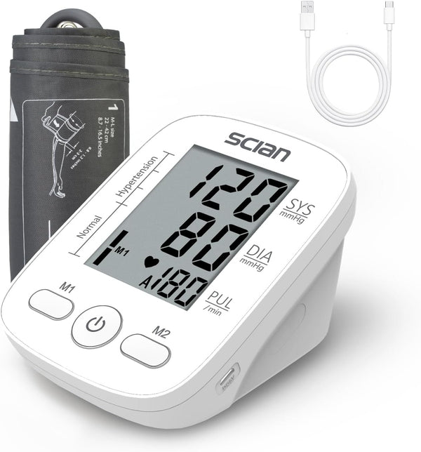 Scian Blood Pressure Monitor Upper Arm, Automatic Cuff with Large Display, 180 Memory, USB Cable