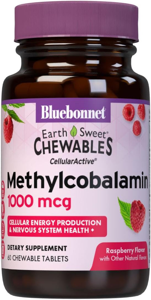 Bluebonnet EarthSweet Methylcobalamin 1,000 mcg Vitamin B12, Vegan, Raspberry Flavor, 60 Chewable Tablets