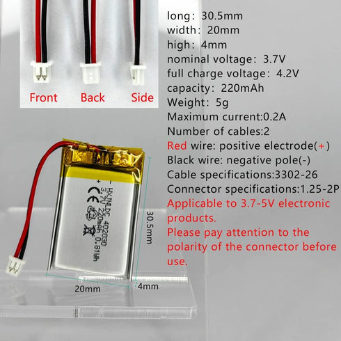 DC 3.7V 220mah 402030 Rechargeable Lithium Polymer Replacement Battery for DIY 3.7-5V Electronic Product, Bluetooth headset, watch