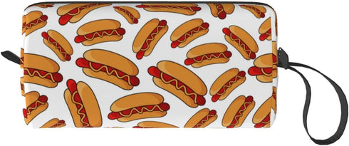 Fun Hot Dog Food Pattern Makeup Bag, Small Portable Travel Toiletry Organizer with Handle for Women and Girls